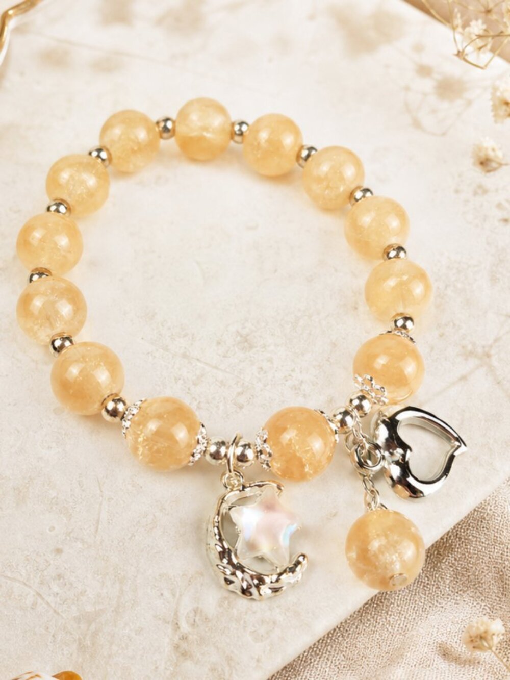 Yellow Beaded Bracelet Gift for Her, Heart Charm Bracelet, Cute Stretch Bracelet